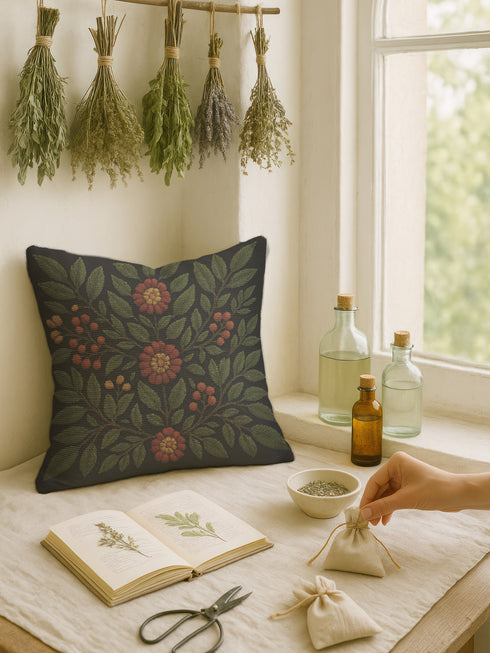A 17x18 inch woven tapestry pillow featuring a dark green background with embroidered rowan leaves, berries, and rust-toned flowers. The pillow is double-sided, filled with plush poly fill, and sewn shut for a seamless, soft finish. Made from 58% cotton and 42% polyester yarns, this decorative cushion adds a cozy, mystical charm to any cottagecore, gothic, or forest-inspired home.